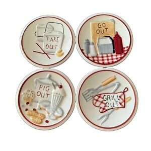 Market Pig Out Grill Out Go Out Take Out Embossed Snack Plates Set of 4 4.5"